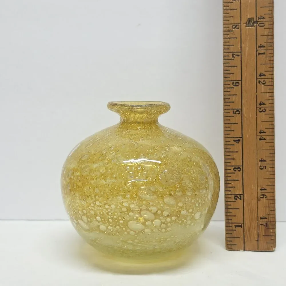 Vintage 70s MDINA Bubble Glass Globe Vase Yellow Ochre By Michael Harris Malta